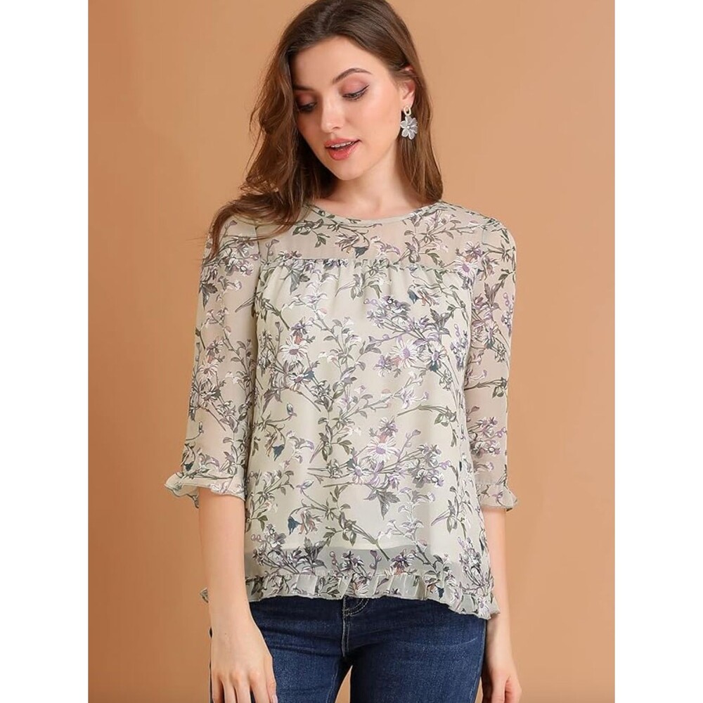 New Allegra K Women's Floral Purple Print V Neck Office Long Sleeve Blouse, XS
